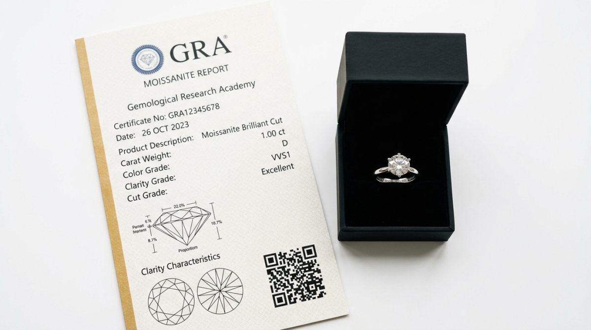 Сертификат GRA крупным планом — характеристики муассанита Gruolini